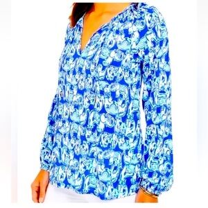Lilly Pulitzer Get Trunky Willa Blouse Top Womens Sz S Blue White Elephants